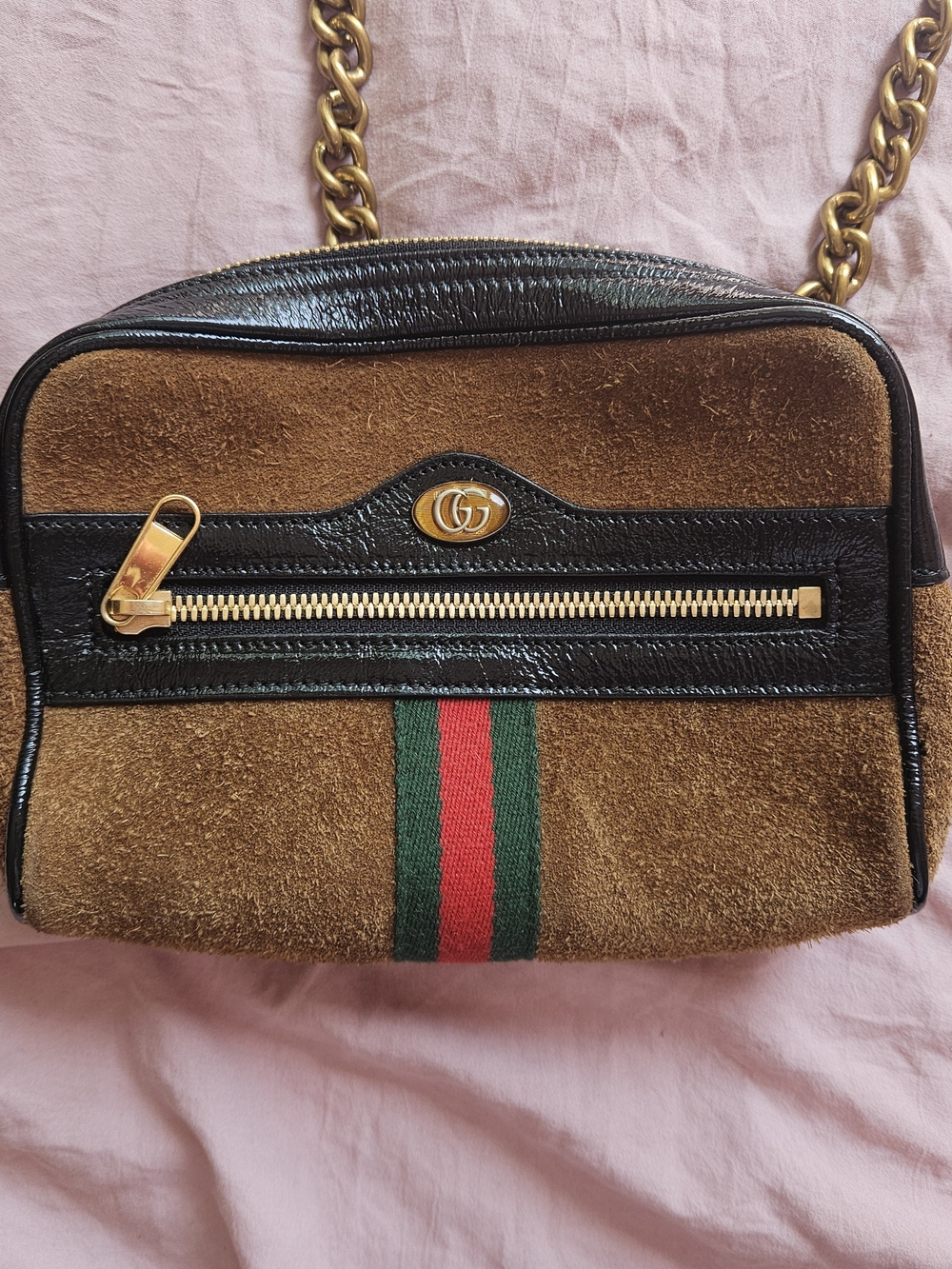 Gucci Brown Suede Shoulder Bag with Signature Web Stripe